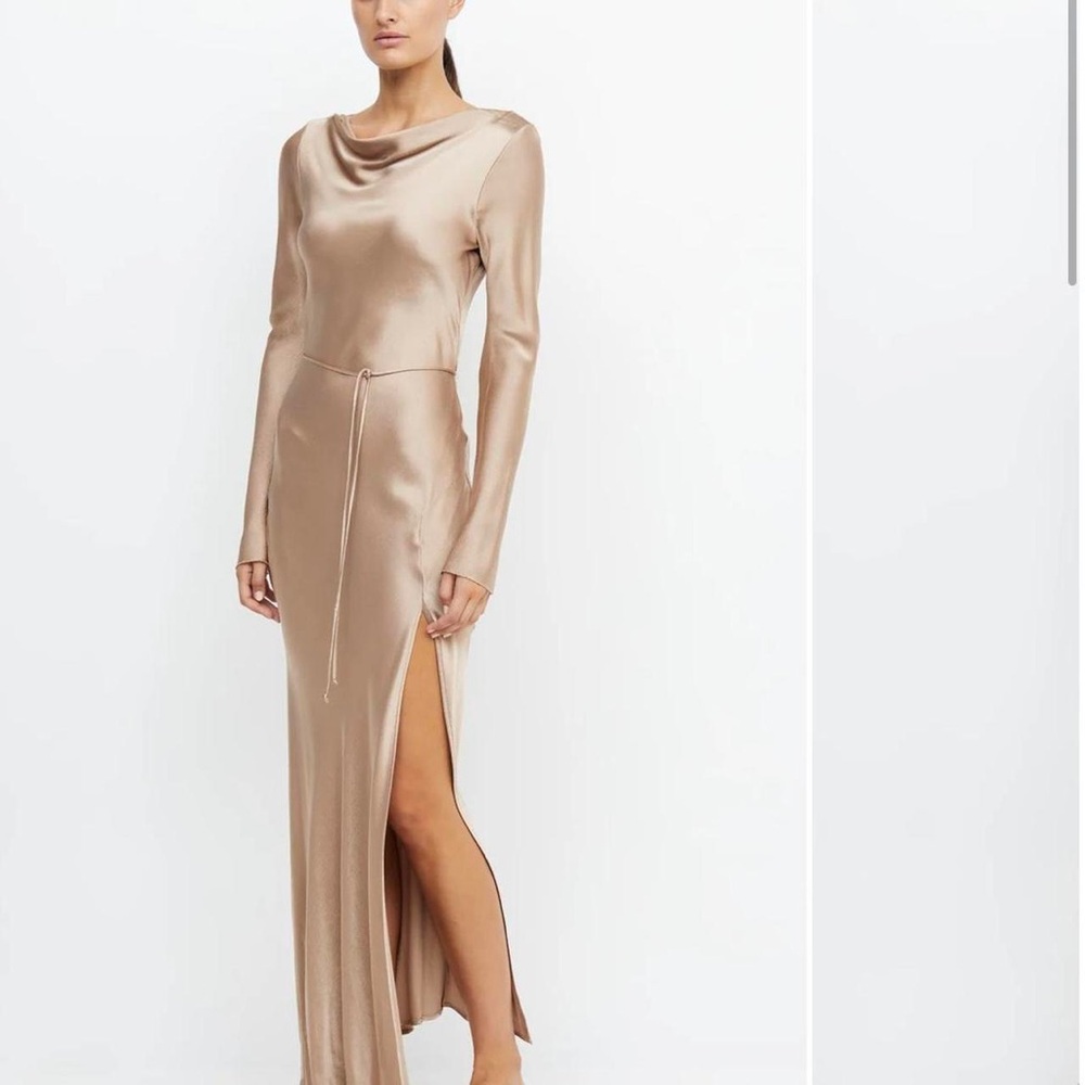 Bec & Bridge Satin Long Sleeve Dress in Tan